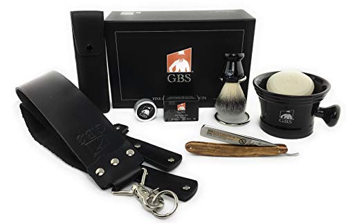 G.b.s Men's Shaving Gift Set - 415875 Olivewood 5/8″ Razor - Black Ceramic Shaving Mug Knob Handle- 3 Oz All Natural Soap -Leather Case, Synthetic Brush, And Strop Paste, Alum Block! #TOP8