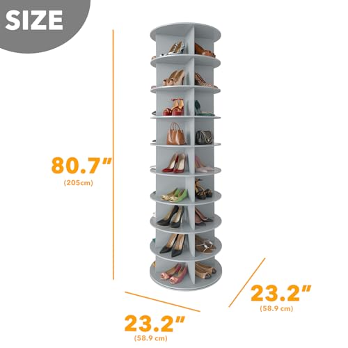 SpaceAid 9 Tier Rotating Shoe Rack Tower, Spinning Shoe Display Lazy Susan, Revolving 360 Shoe Rack Storage Round Carousel, Vertical Handbag Rotate Shoes Closet Organization (9-Tier Gray)