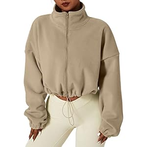 QINSEN Thick Fleece Sweatshirt Full Zip Stand Collar Winter Crop Coat Long Sleeve Bomber Baggy Jacket Camel S
