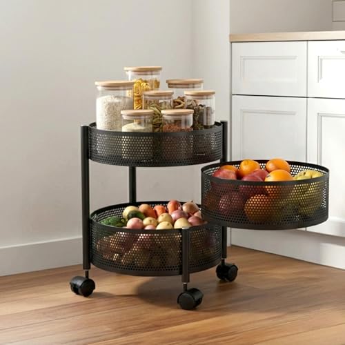 Image of BonKaso 3-Layer Round Multipurpose Kitchen Trolley with Swivel Storage Basket & 360 Rotating Wheels, Black Steel Frame, Easy Mobility, Space-Saving and Durable