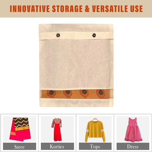 Image of Kuber Industries Clothes Organizer For Wardrobe (Pack of 10) - Cotton Single Storage Organizer For Saree | Lehenga | Clothes - Dress Organizer For Wardrobe - Single Saree Covers With Button (Cream)