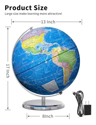 Orionstar 13" Large World Globe with Stand, Educational Globe for Kids Learning, Colorful HD World Map Details, Illuminated Globes Lamp with Stable Heavy Metal Base, Constellation