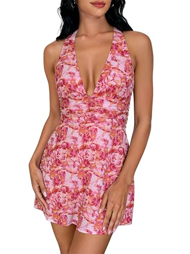 COCCKO Women's Halter Deep V Neck Dress, Backless Floral Print Mini Sundress, Summer Beach Vacation Going Out Outfits 2026