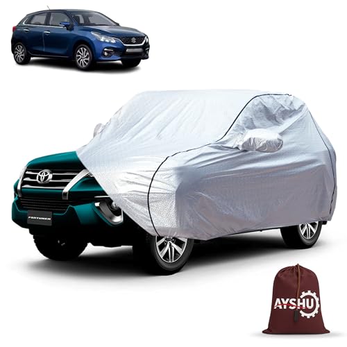 Image of AYSHU Waterproof Car Cover for Maruti Suzuki Baleno | Mirror & Antenna Pocket | Anti-Scratch Soft Cotton Inner Layer | Triple Stitched | Heat Resistant Metallic Silver | All-Weather Protection