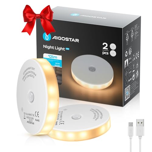 Aigostar 2 Pezzi Luce Notturna LED con Sensore di Movimento, Luci Notturne con 2 Temperature di Colore, Luce Armadio USB Ricaricabile con Striscia Magnetica Adesiva per Camere, Corridoio, Cucina