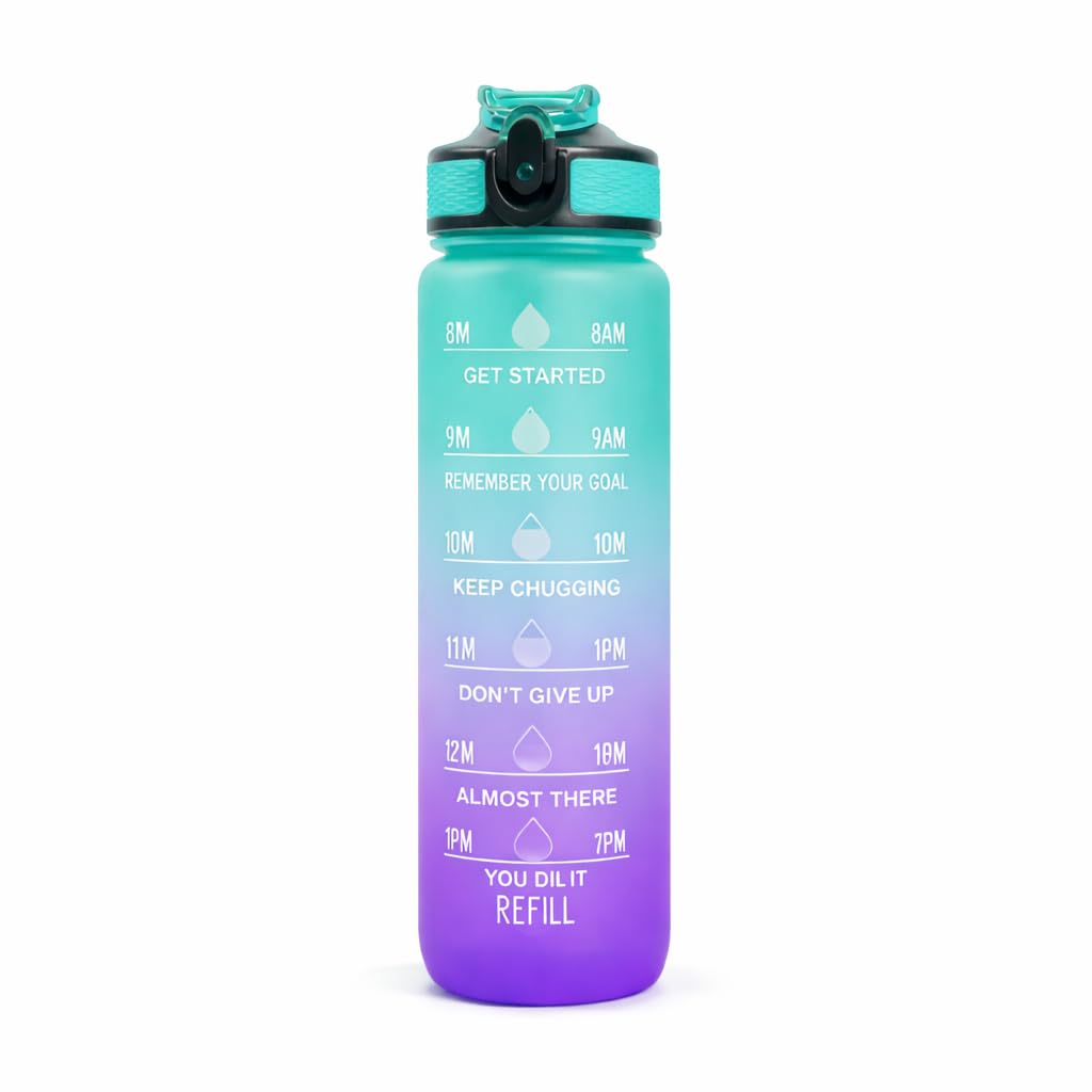 Motivational Water Bottle with Time Marker, 750ml, BPA-Free Tritan, Leakproof, Straw Lid & Carry Strap, Blue, Green, Pink, for Sports, Gym & Fitness (Green and Purple)
