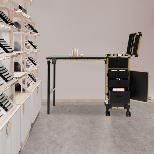 Kosmetik Trolley Make-up-Koffer mit Tisch, Spiegel und 3 Schubladen Faltbar Kosmetikkoffer mit Rad und Schlösser Schminkkoffer Friseurkoffer Schwarz