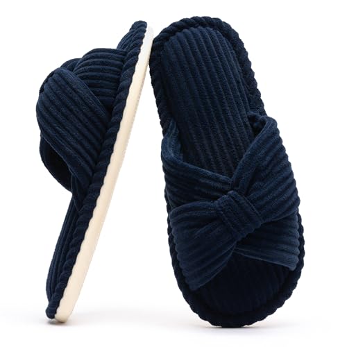 Image of Chantomoo Slippers for Women Memory Foam House Womens Slipper Slides Home Bedroom Bathroom Spa Open Toe Corduroy Bow Slippers Cozy Comfortable