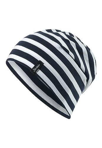 Sterntaler OCS Beanie Streifen marine, Größe 55 – Lässige Slouch Beanie Mütze aus Singlejersey (Bio) mit maritimen Streifen – Unisex Kopfbedeckung – variabel tragbar – Übergangsmütze Baby & Kind