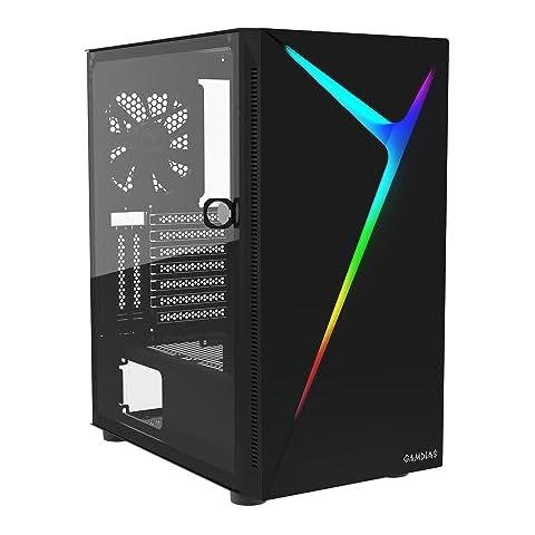 GAMDIAS ATX Mid Tower Gaming Computer PC Case with Tempered Glass Swing Door, 1x 120mm ARGB Fan & Front Panel Sync with Motherboards, Vertical PCIE Slots for Your Graphic Cards (VGA/GPU) Cover
