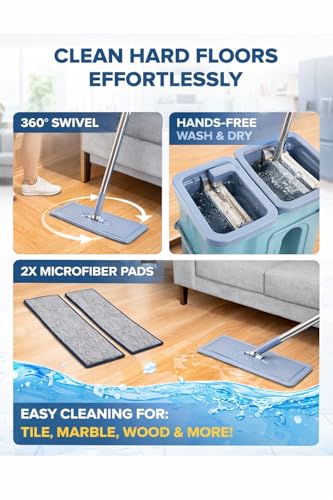 Image of Heavy Quality Floor Mop with Bucket, Flexible Kitchen Tap Flat Squeeze Cleaning Supplies, 360 Flexible Quiet, 2 Reusable Pads, Microfiber, with Adjustable Office Home Effective