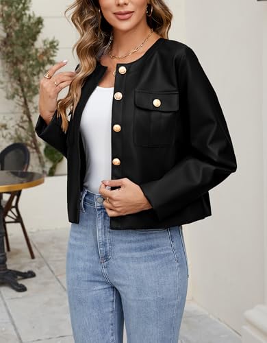 Ladyful Womens Crop Faux Leather Bomber Jacket Oversized Collarless Going Out Pu Moto Coat3