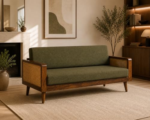Image of Sainistree Furniture | Solid Sheesham Wood Rattan Armchair | Teak Brown Finish, Cane Back & Geen Upholstery | Mid-Century Modern Accent Chair for Living /Dining Room (2 Seater Sofa, Green Upholystry)