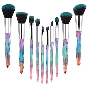 Makeup Brushes Crystal Handle,10pcs Colorful Professional Diamond Cosmetic Brush Set for Concealer Face Powder Eye Shadow Highlight Blue Unicorn Brush Kit for Make-up-image-33