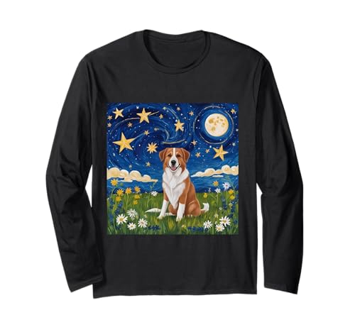 星月夜犬、牧草地の風景、天の芸術。 長袖Tシャツ
