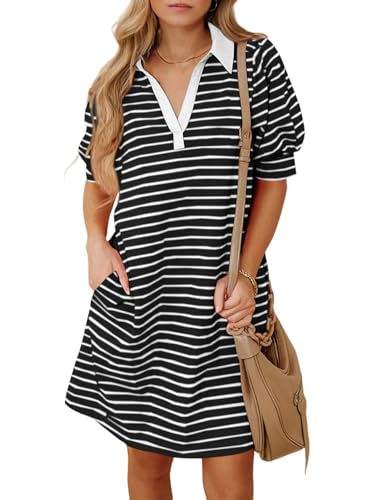 BLENCOT Women's Summer Striped Puff Short Sleeve Dress Polo V Neck Casual Beach Midi Dresses with Pockets Black M