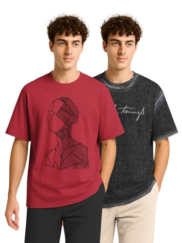 Image of BULLMER Trendy Half Sleeve Oversized Cotton Blend Crew Neck Tshirt for Men - Pack of 2