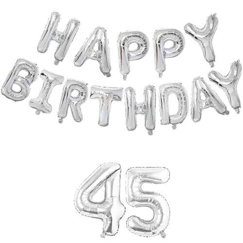Image of Flyloons 45th Silver Colour Happy Birthday Foil Balloon Set for 45 Year Old Boys Girls Men Women | with Number Forty-five | 13 Letters Reusable Happy Birthday Metallic Foil Balloons Decoration Kit