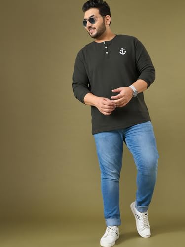 Image of Bigbanana Men Plus Size Solid Dark-Brown Full Sleeve Henley Tshirt