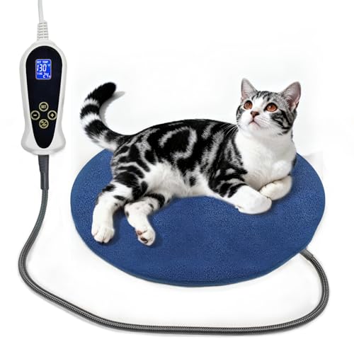 Bestio Cat Heating Pad，16 in Heated Cat Bed for Newborn Kittens and Puppies, with Smart Thermostat Switch (1-24 Hours) + Electric Steel Wire Protection Tube -Blue