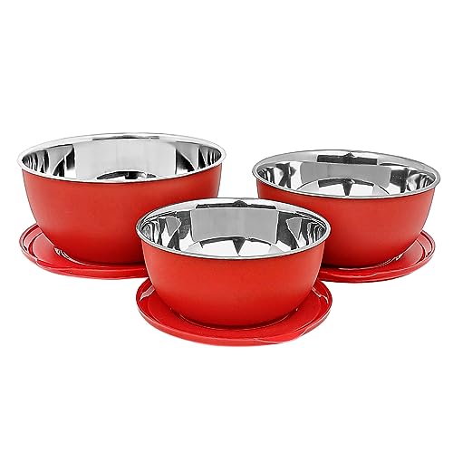 Zaib Microwave Safe Stainless Steel Mixing Bowl Set with Lids | 500ml, 800ml, 1250ml | Red Euro Style Food Storage Containers for Kitchen Use | Pack of 3* (Classic Red Plain)