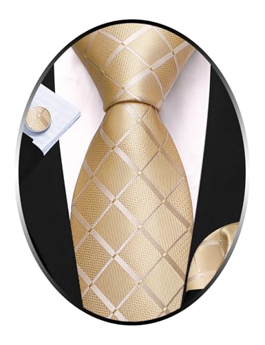 Image of Barry.Wang Plaid Ties Check Mens Necktie Set with Handkerchief Cufflinks Classic Stripe