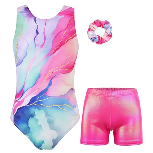JESKIDS Gymnastics Leotards for Girls Dance Unitards Biketards Matching Shorts Activewear Suits for Girls 4-13 Years Shiny Crack 6-7 Years