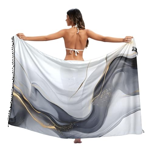 AIXIWAWA Women's Beach Sarong Wrap Skirt Black Golden Marble Print, Sun Protection Bikini Cover-Up for Vacation Pool Party L