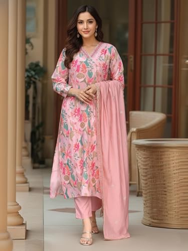 Image of GoSriKi Women's Rayon Viscose Printed Straight Kurta with Pant & Dupatta | Elegant Three Piece Kurti Set | Soft Comfortable Fabric | Stylish Ethnic Outfit for Office Festive