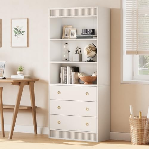 Takywep 70.8 Inch Tall Fluted Bookshelf with Drawers, 6 Tier