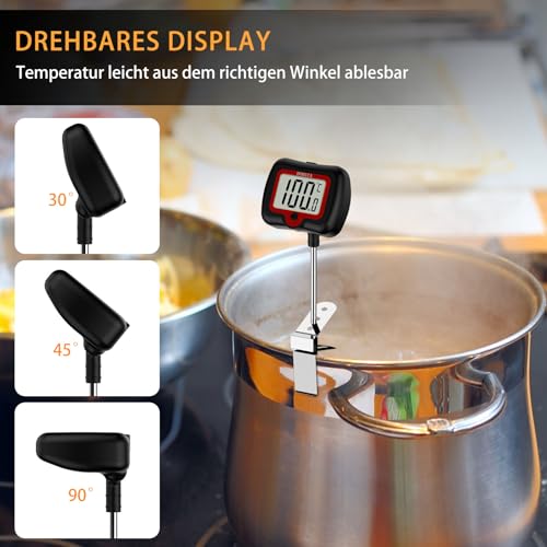 BOMATA 20 cm Langer Sondenthermometer mit Topfklammer, Drehbarem Display und Hochpräziser Sofortablesung, Geeignet für Kerzen, Flüssigkeiten, Kochen, Grillen usw... Schwarz
