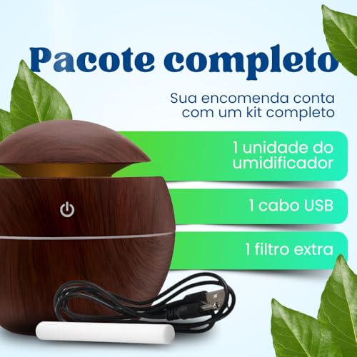 Umidificador Amadeirado + Refil Filtro C/Abajur Led 200ml em Plástico Luz Noturna Difusor de Aromas