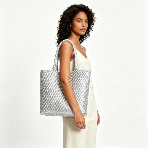 Image of BAGOK Woven Tote Bag for Women, Handwoven Vegan Leather Shoulder Bag with Clutch, Large Tote for Work, Travel & Beach