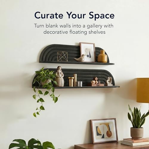 Image of Black Floating Wall Shelf Set of 2, Wall Mounted Rustic Farmhouse Solid Wood Shelves - Modern for Bedroom, Bathroom, Living Room, Kitchen Decor & Storage