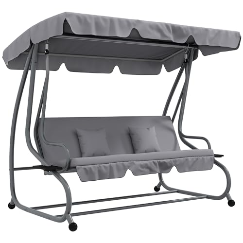 Outsunny Balancín de Jardín Exterior de 3 Plazas Columpio de Jardín Exterior Convertible en Cama con Toldo Ajustable Soportes Laterales y 2 Almohadas Carga 340 kg 200x120x164 cm Gris