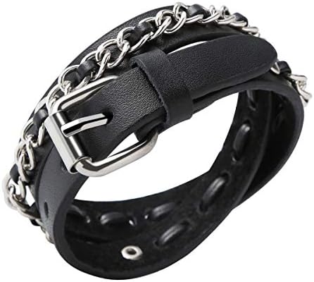 Ailianer Long Genuine Leather Cuff Bracelet Double Layer Punk Metal Braided Bracelets Wristbands Adjustable Belt Wrap Bracelet Handmade Jewelry for Men Women Black