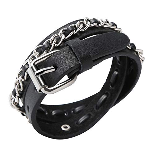 Ailianer Long Genuine Leather Cuff Bracelet Double Layer Punk Metal Braided Bracelets Wristbands Adjustable Belt Wrap Bracelet Handmade Jewelry For Men Women Black #TOP2