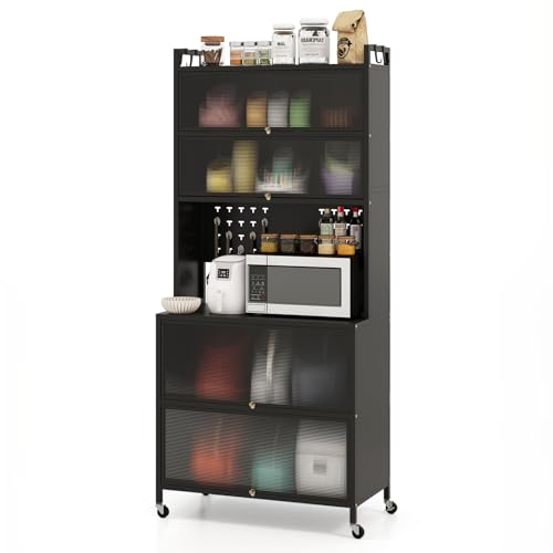 KOMFOTTEU Aparador de Cocina 5/6 Niveles, Mueble Buffet con Puertas Transparentes, Soporte para Microondas de Metal con 4 Ruedas, Alacena Alta con Panel de Perforaciones (80 x 40 x 178 cm, Negro)
