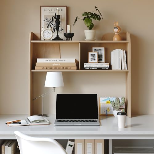 JOEMEY Wooden Desktop Bookshelf, 37" 3-Tier Rounded-Edge Desk Storage Organizer, Space-Saving Countertop Shelf for Office Dorm Home, Burlywood