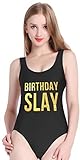 PINJIA Cute One Piece Swimsuit with High Cut and Low Back for Women Bathing Suits(L, Black Birthday Slay)