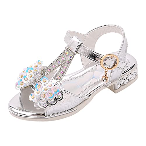 Toddler Girl Sandals Buckle Sandals Sequins Bow Girls Beach Baby Strap Breathable Soft Kids Shoes Girl's shoes (Silver, 32)