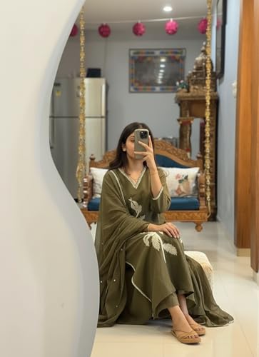 Image of ANNI Designer Women Rayon Viscose Straight Embroidered Kurta with Pant and Dupatta | 3 /4 Sleeve | V-Neck | Ethnic Kurta Set for Women