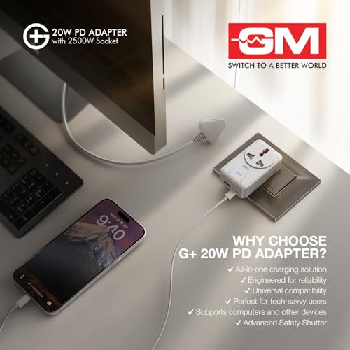 Image of GM G+ 3-in-1 20W PD Fast Charging Adapter with 2500W Universal Socket | Dual Type-C & USB-A Ports | Socket for India, US, UK, EU, AU | Compact Design for Bedside Use | Multi Plug Power Adapter