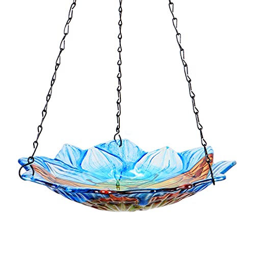 DREAM GARDEN Hanging Bird Bath - Glass Birdbaths Butterfly Birdfeeders Hanging for Outdoor Garden Yard Decoration, Blue