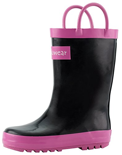 OAKI Kids Rubber Rain Boots with Easy-On Handles, Black & Pink, 4T US Toddler