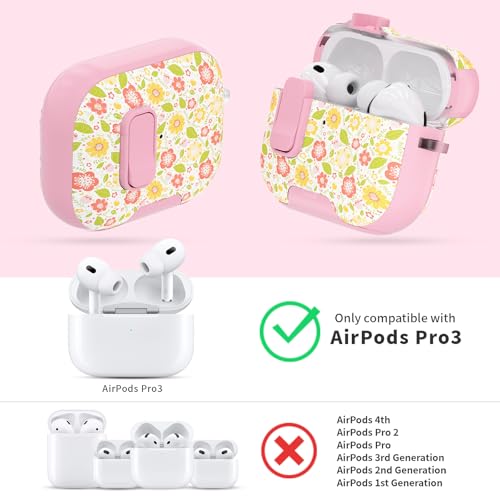 Image of for AirPods Pro 3 Case with Lock & Phone Stand,Cute Floral Pattern Style | PC & TPU Dual Layer Protective Cover with Keychain & Cleaner Pen for Apple AirPod Pro 3rd Generation Women (Rhubarb Petals)