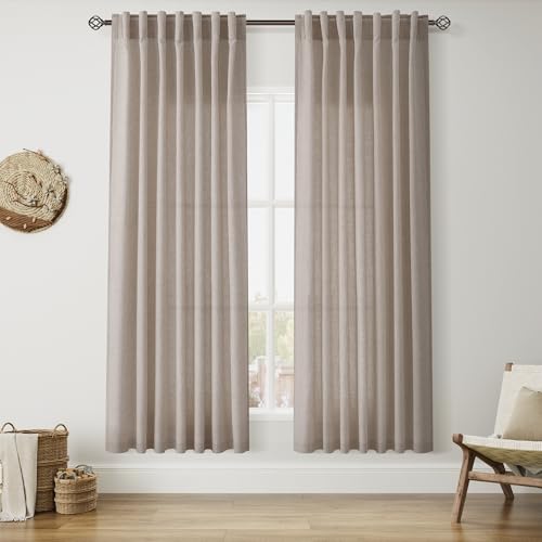 Image of Nanspring Ecru Curtains for Living Room 72 Inches Long Linen Blend Luxury Light Filtering Semi Sheer Curtain Back Tab Rustic Decor Natural Farmhouse Elegant Boho Drapes for Bedroom 52x72, 2 Panels