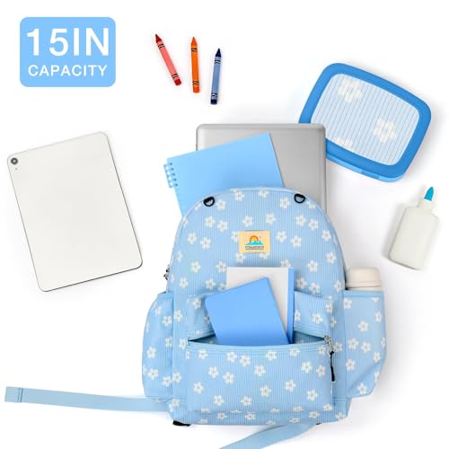 Image of STEAMEDBUN Corduroy Kids Backpack for Girls and Boys 5-8: Girls Backpack for Elementary Kindergarten - 15 inch Cute Backpacks for Kids - Floral