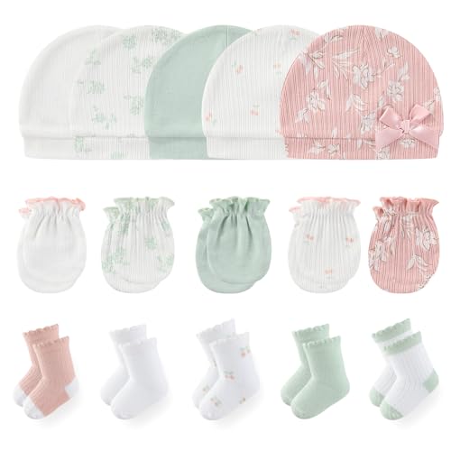 Image of MAMIMAKA Newborn Baby Boy Girl Caps Mittens Socks Set Cotton Baby Essentials Accessories (Hats+Gloves+Socks)