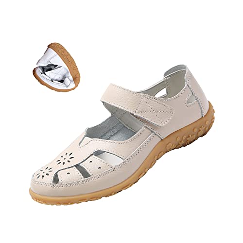 Women's Summer Casual Closed Toe Leather Sandals,Comfortable Soft Sole Ankle Strap Mary Jane Orthopedic Beach Shoes